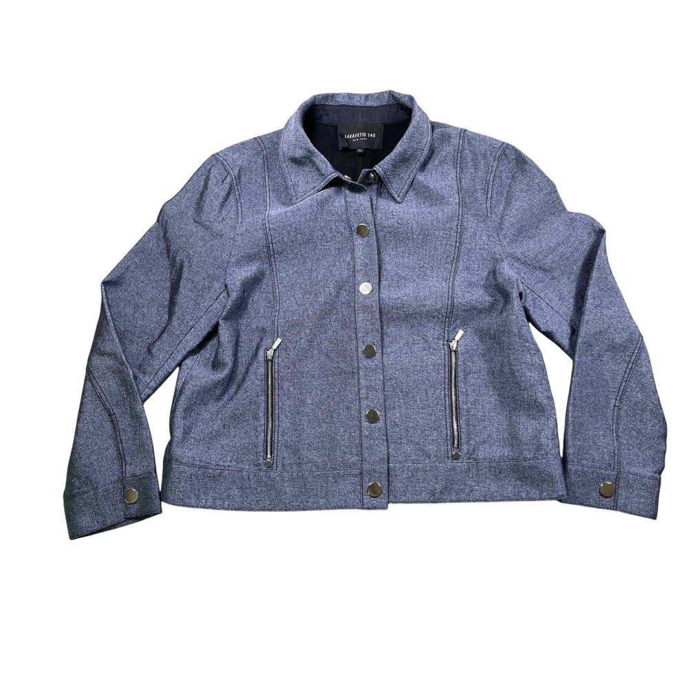 Lafayette 148 New York Snap Front Jacket Blue Textured Zip Pocket Size Large